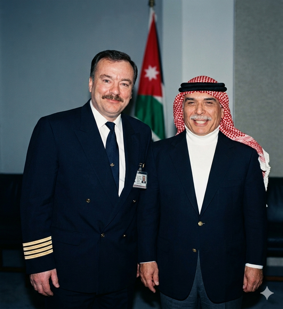 Two men dressed in formal attire smiling and standing side by side in front of Jordan’s flag. One man is wearing a dark navy uniform with a pilot's badge and epaulets, the other is wearing a suit with a red and white keffiyeh headscarf.