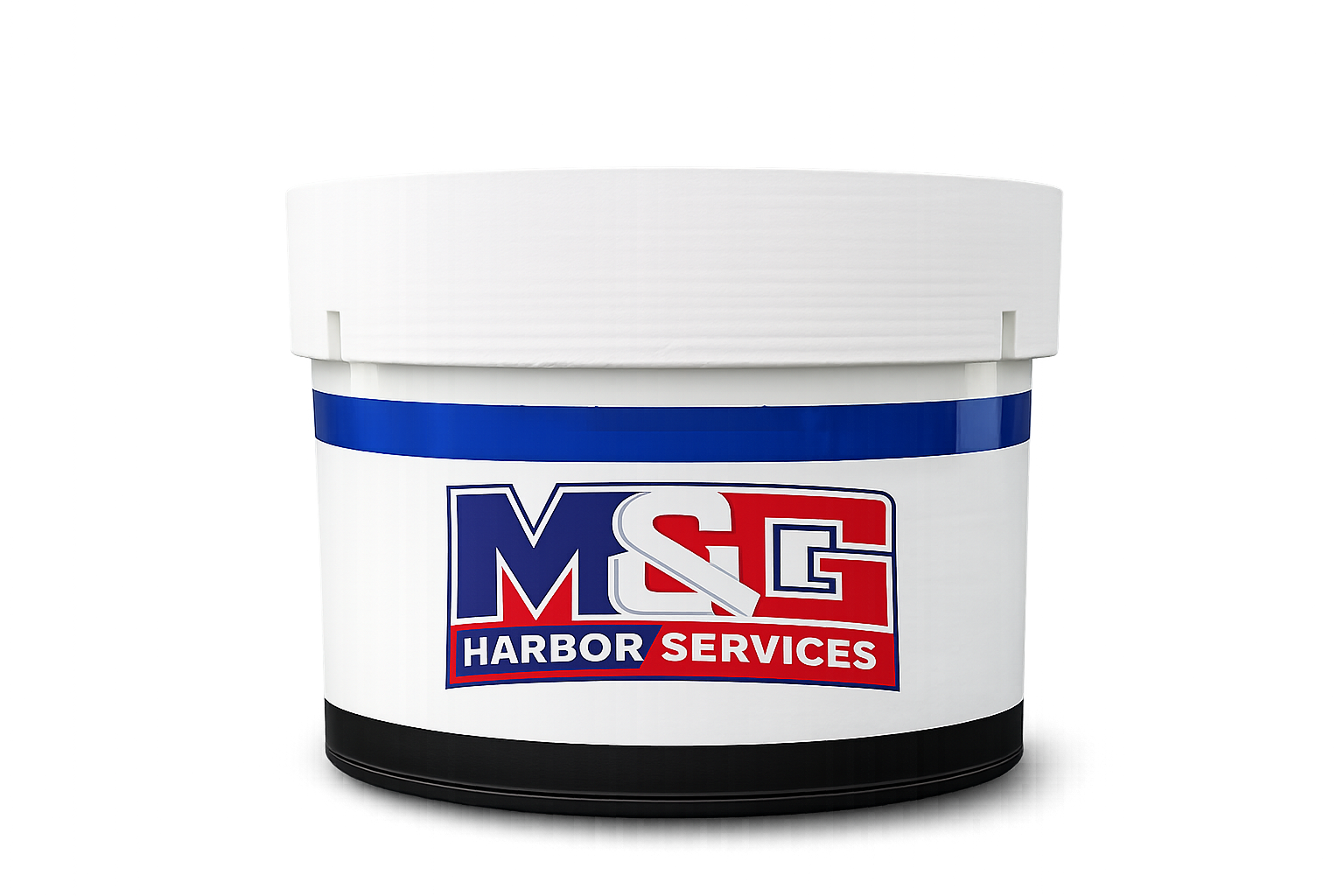A white jar with a blue stripe and a Loud logo that says 'M&G Harbor Services' on it.