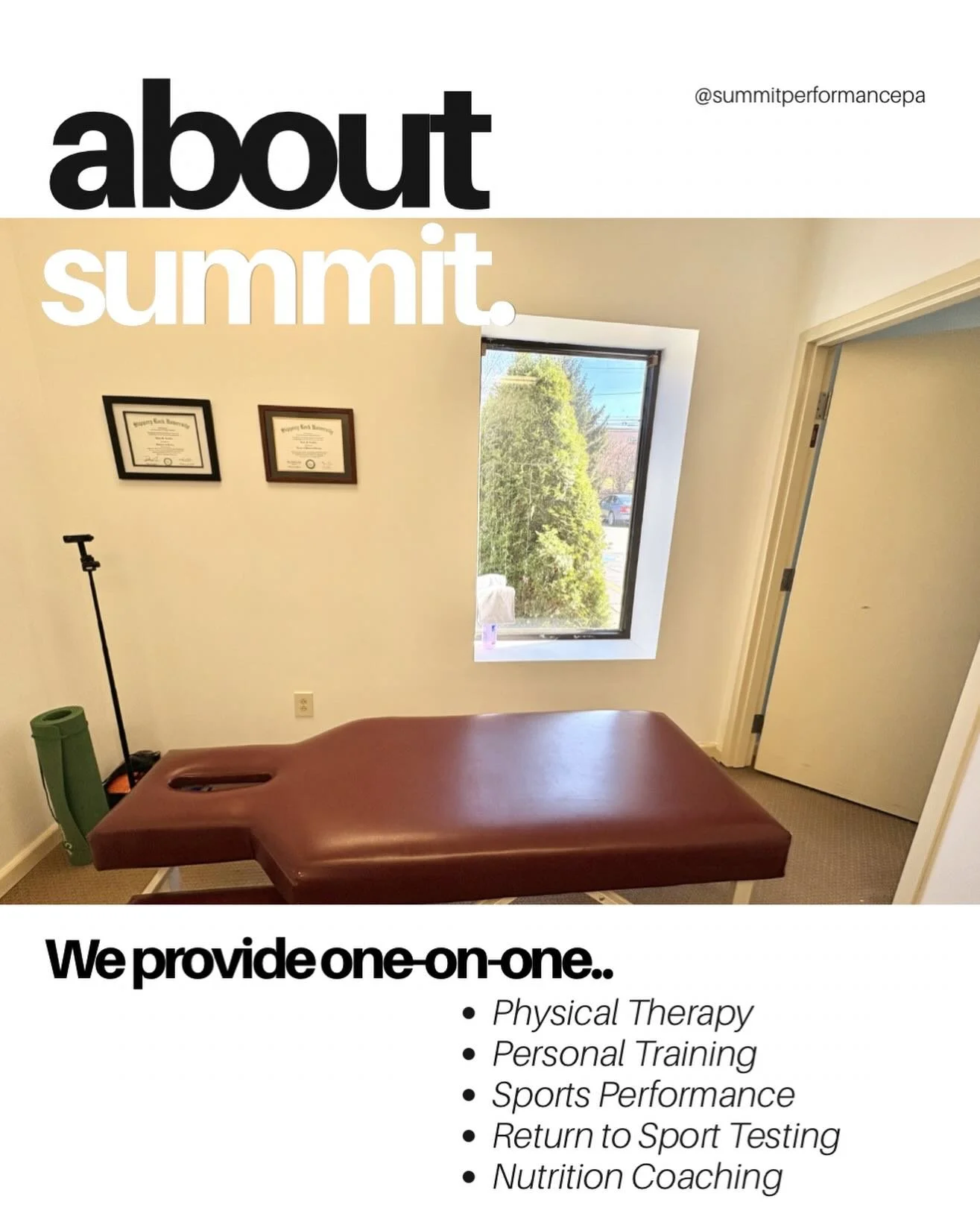 Summit Performance and Physical Therapy, LLC provides self pay physical therapy, personal training and nutrition coaching serving Cranberry Township and surrounding regions! 📍💪🏽

Summit specializes in athletes, weekend warriors and those ready to 