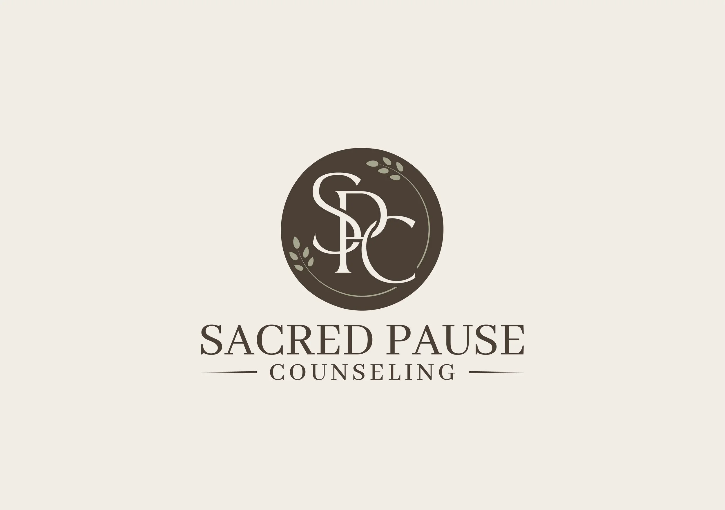 Logo for Sacred Pause Counseling featuring a dark brown circle with stylized initials S and P intertwined, and the words Sacred Pause Counseling underneath.