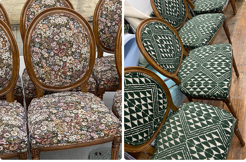 Comparison of before and after images of vintage chairs the before fabric is faded floral and the after is a bold green and white geometric pattern.
