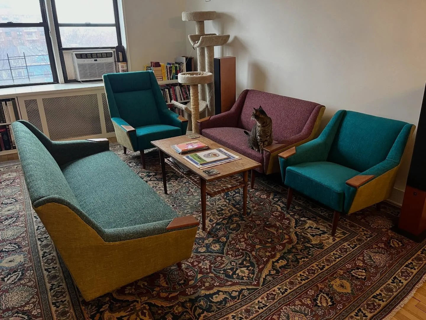 Green. Purple. Peacock blue. Three colors that could easily fight with each other&hellip; but when you start layering textures and tones, something really fun happens.

One of my favorite parts of reupholstery is figuring out fabric combinations alon