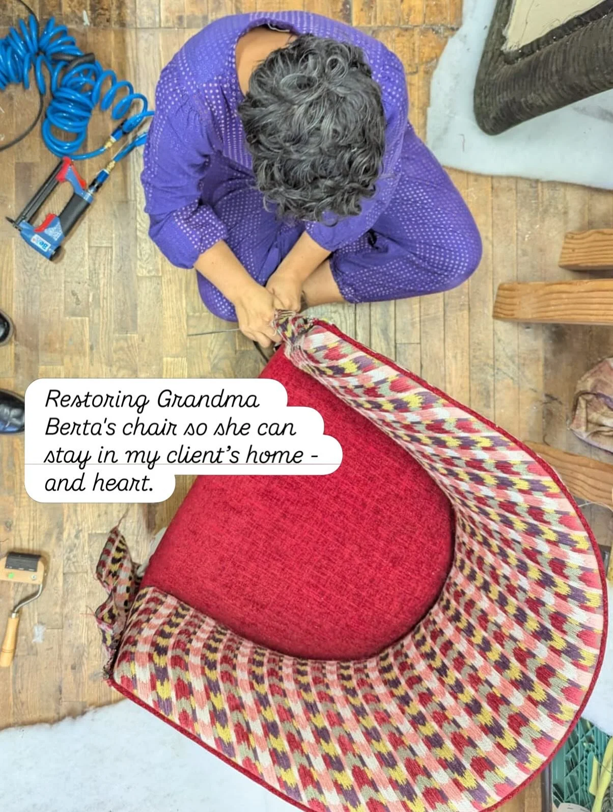 This was Grandma Berta&rsquo;s chair.

The kind of piece that&rsquo;s been sat in for years, through conversations, quiet moments, probably a thousand ordinary days that end up meaning everything.

When something like this comes into the studio, it&r