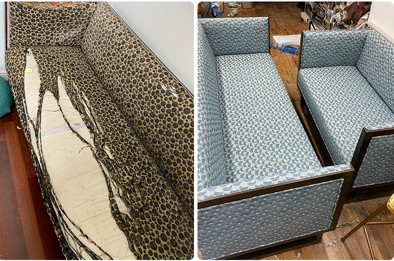 Comparison of before and after images of reupholstered couches. The left shows a damaged leopard print fabric couch, right shows the newly upholstered blue patterned fabric couches.