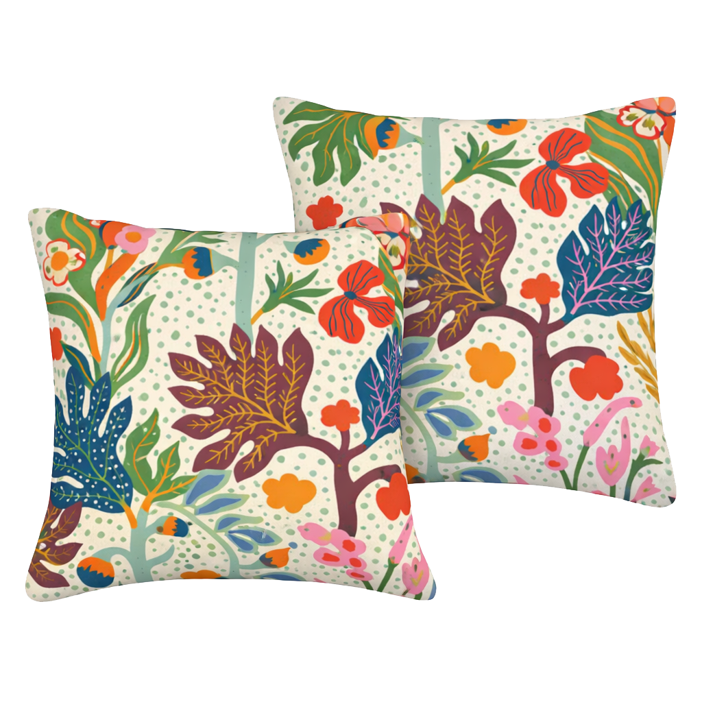 Illustration of two decorative pillows with a colorful botanical pattern featuring leaves, flowers, and dots on a light background.