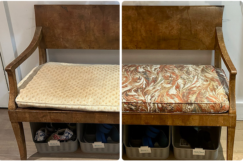 Comparison of before and after images of a wooden bench. The before is faded, worn out and beige with a dotted pattern, and the right cushion is refilled with a vibrant multi-colored swirling pattern.