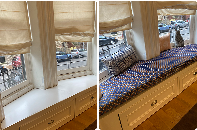 Side-by-side comparison of a window seat. In the before image, the seat is empty with a plain white window sill, in the second image, the seat has a vibrant decorative cushion and a patterned blue and orange cushion.