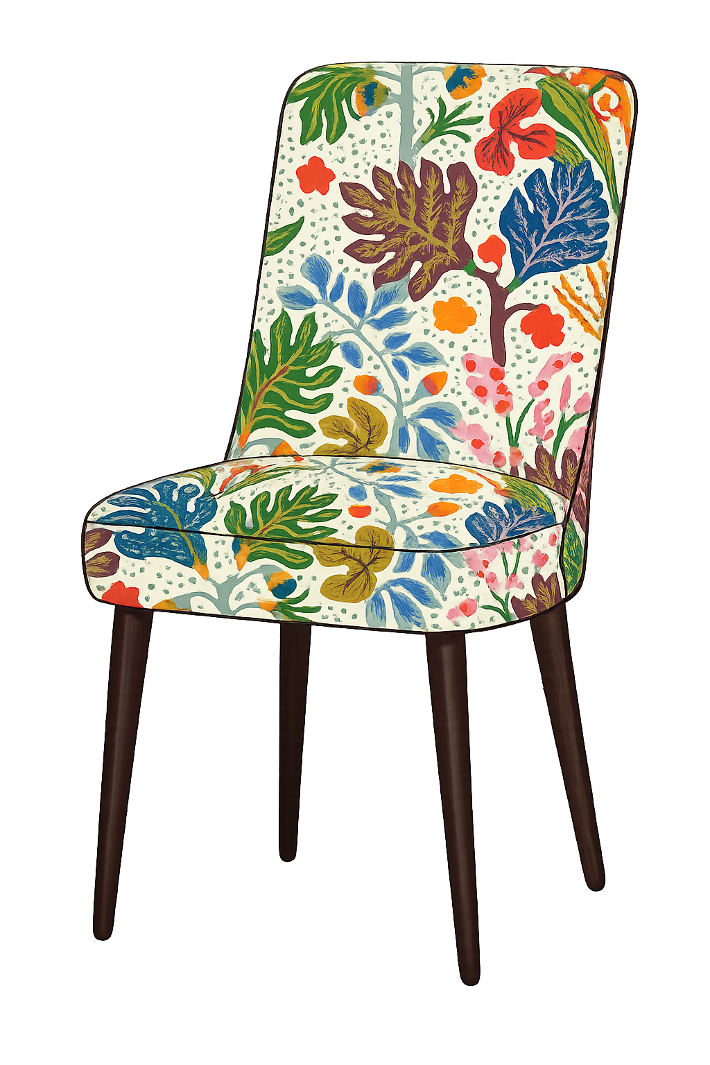 An illustration of a dining chair with a colorful botanical floral pattern upholstery featuring various leaves and flowers in green, blue, orange, pink, and red tones.