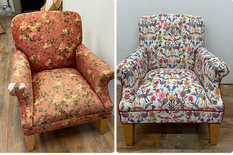 Comparison of before and after images of an upholstered armchair. The left is before with damaged floral upholstery, the right is revived with colorful, vibrant florals.
