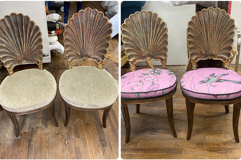 Comparison of before and after images of two wooden chairs with ornate shell-shaped backs; the left chair is before and has damaged beige upholstery, and the right chair is after with a pink floral and bird patterned fabric.