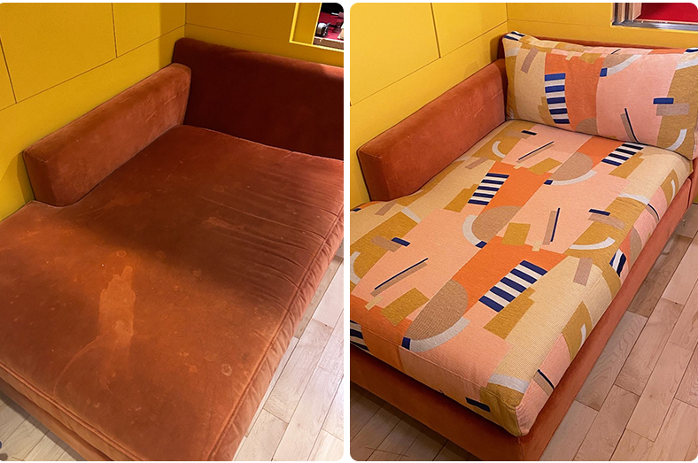 Comparison of before and after images of a daybed. The left before appears old, worn, and stained with visible marks, while the after is new, clean, and has a colorful geometric patterned cover and pillow.