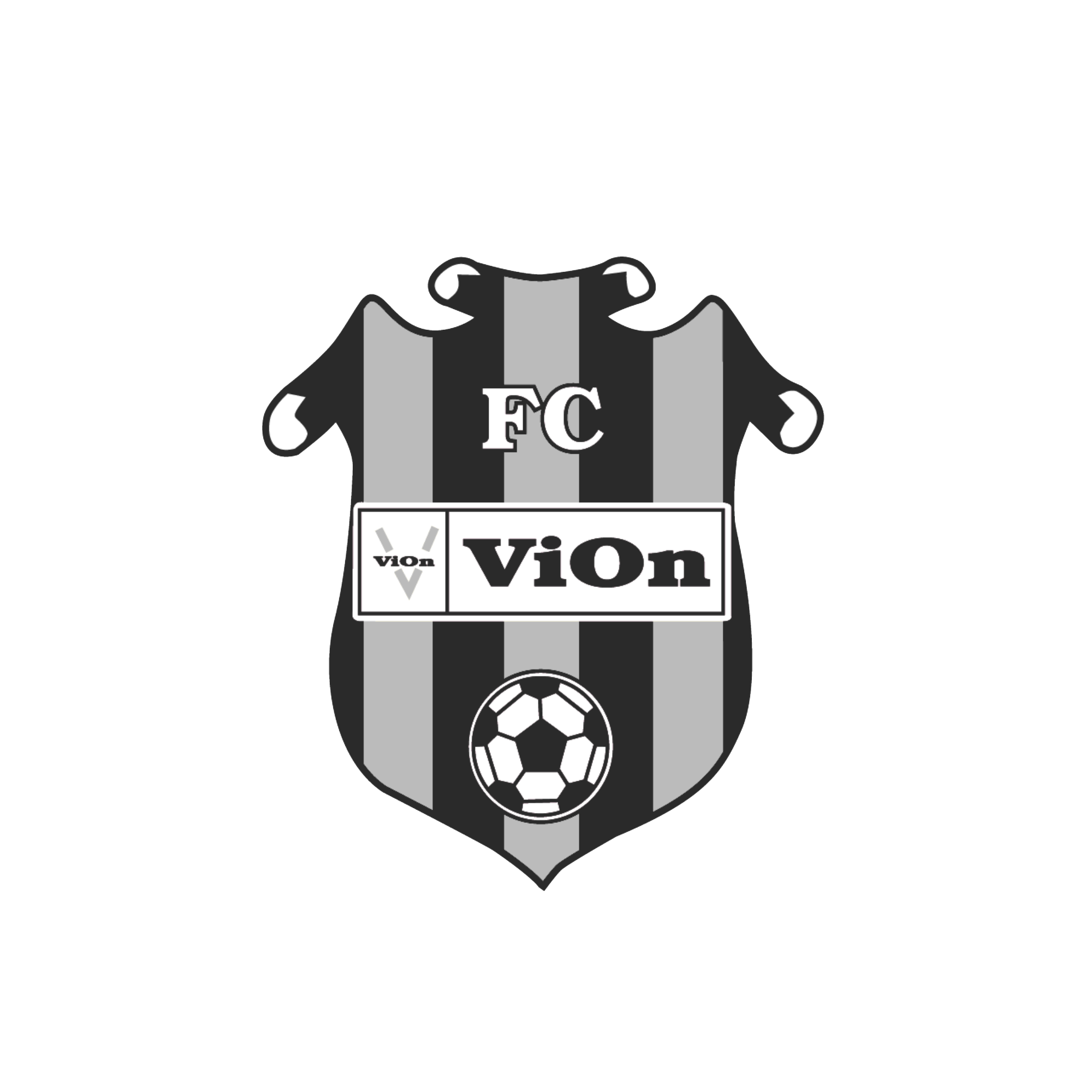 Black and white illustration of a soccer player wearing a jersey with the letters FC, striped socks, and holding a soccer ball with a shield emblem.