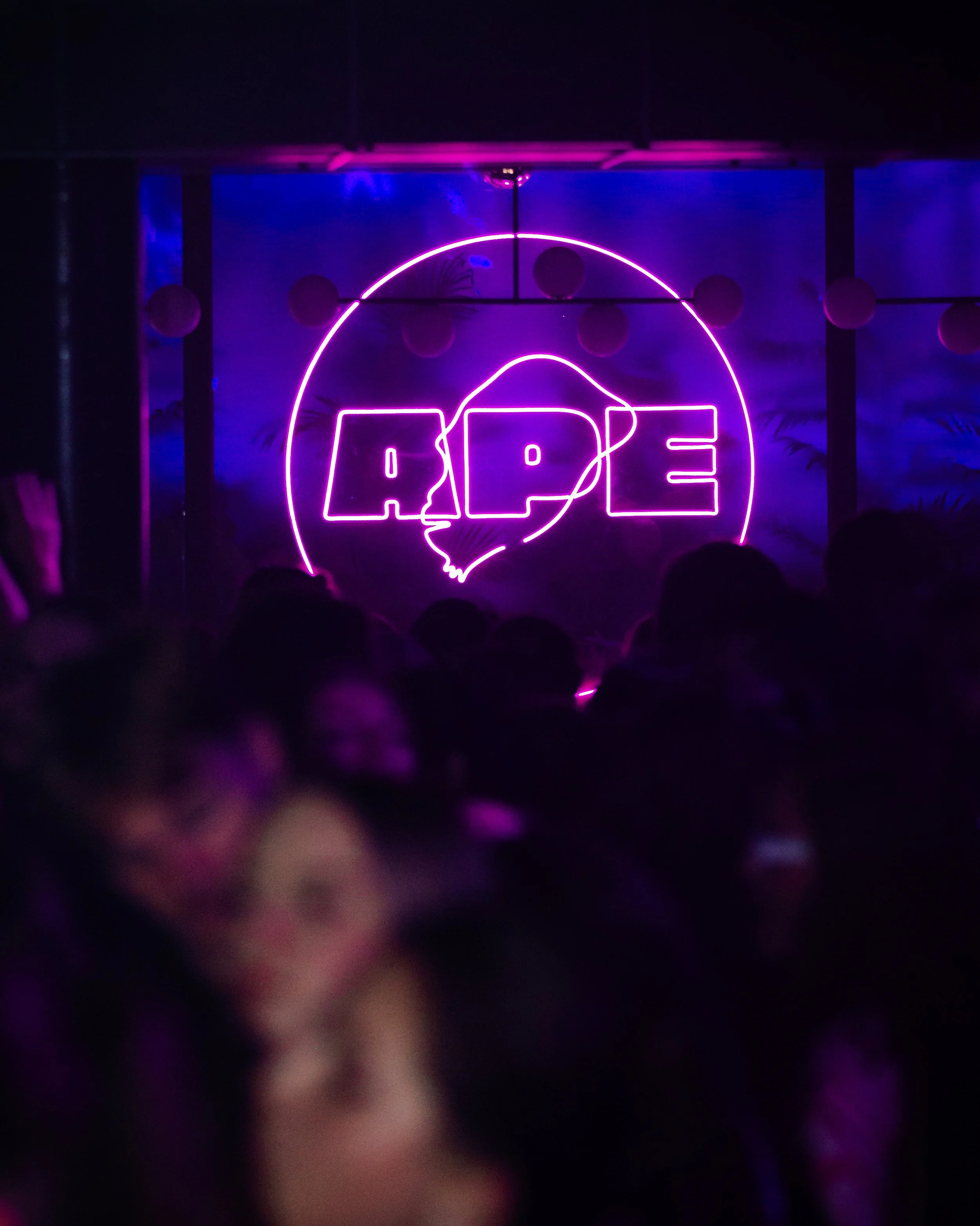 Neon sign that reads 'APE' in bright purple, with artwork of a mountain and circle backdrop, and round hanging lights in a dark room.