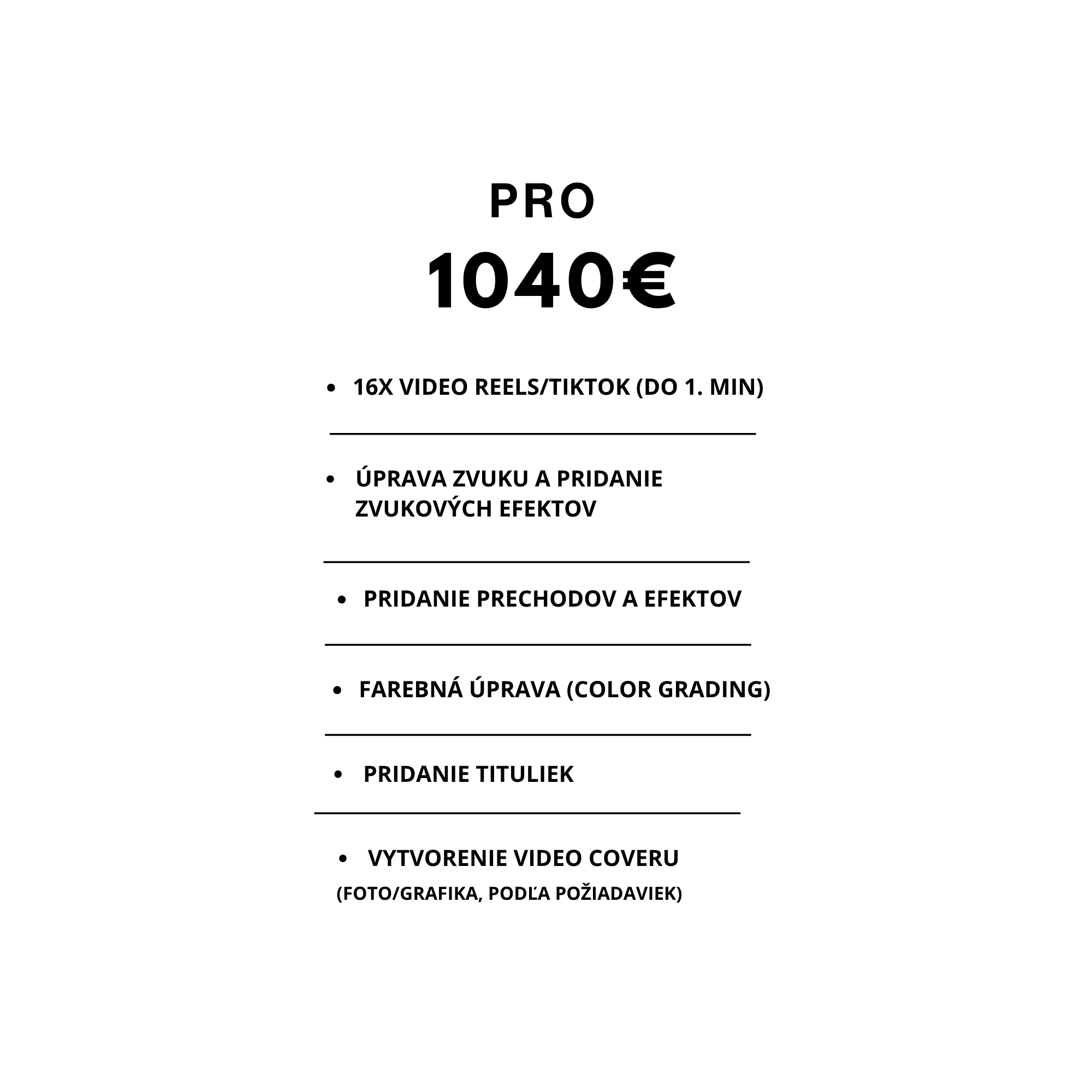 A black and white image of a digital graphic or billboard advertising a professional video editing service priced at 104 euros, with details on video reel and sound effects, titled in Slovak.