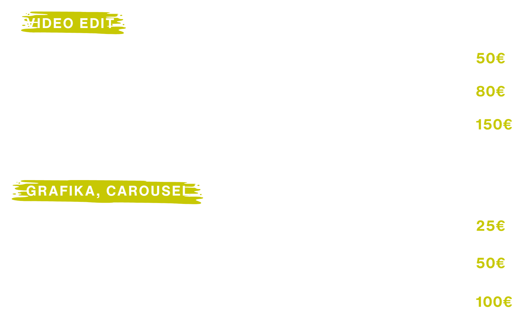A price list for video editing and graphic services, including TikTok and Reels video editing, Instagram and Facebook posts, with prices in euros and durations or quantities specified.