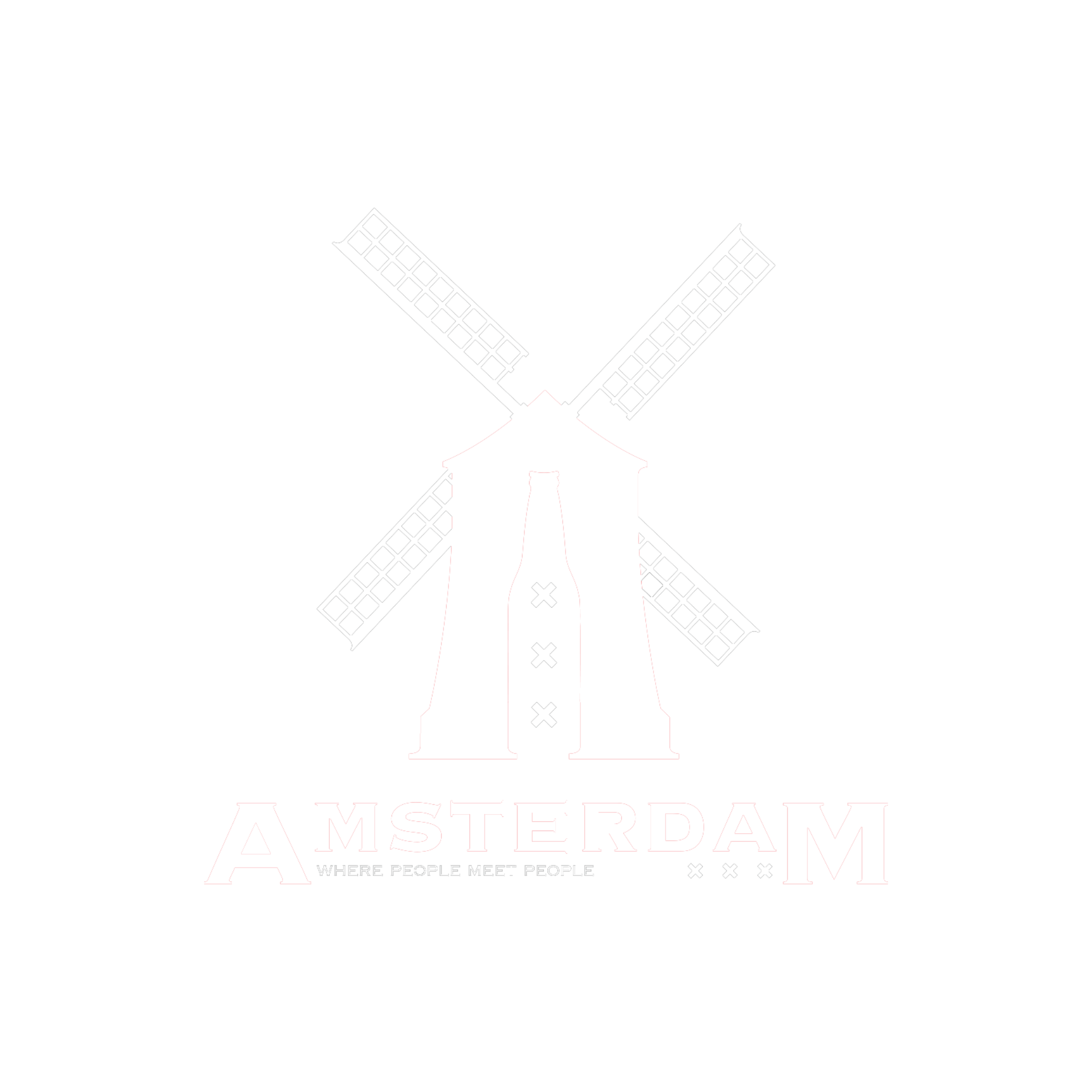 Silhouette of a windmill with the words "AMSTERDAM" and the phrase "WHERE PEOPLE MEET PEOPLE" beneath it.