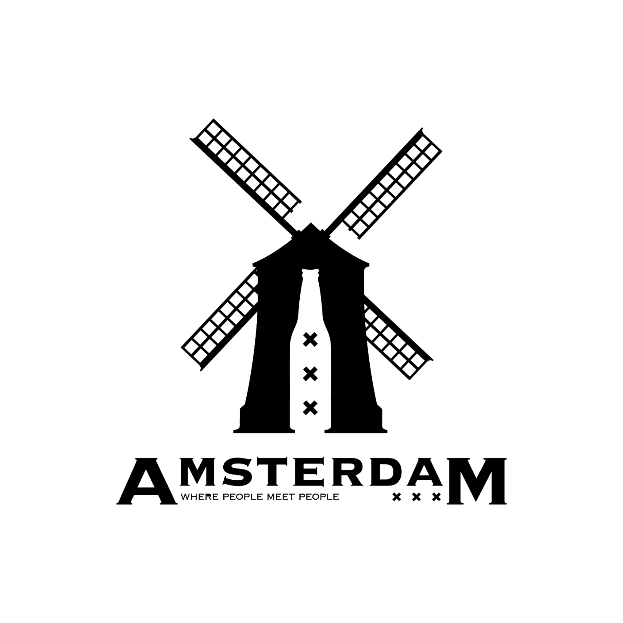Outline of a windmill with the words and logo of Amsterdam, where people meet.
