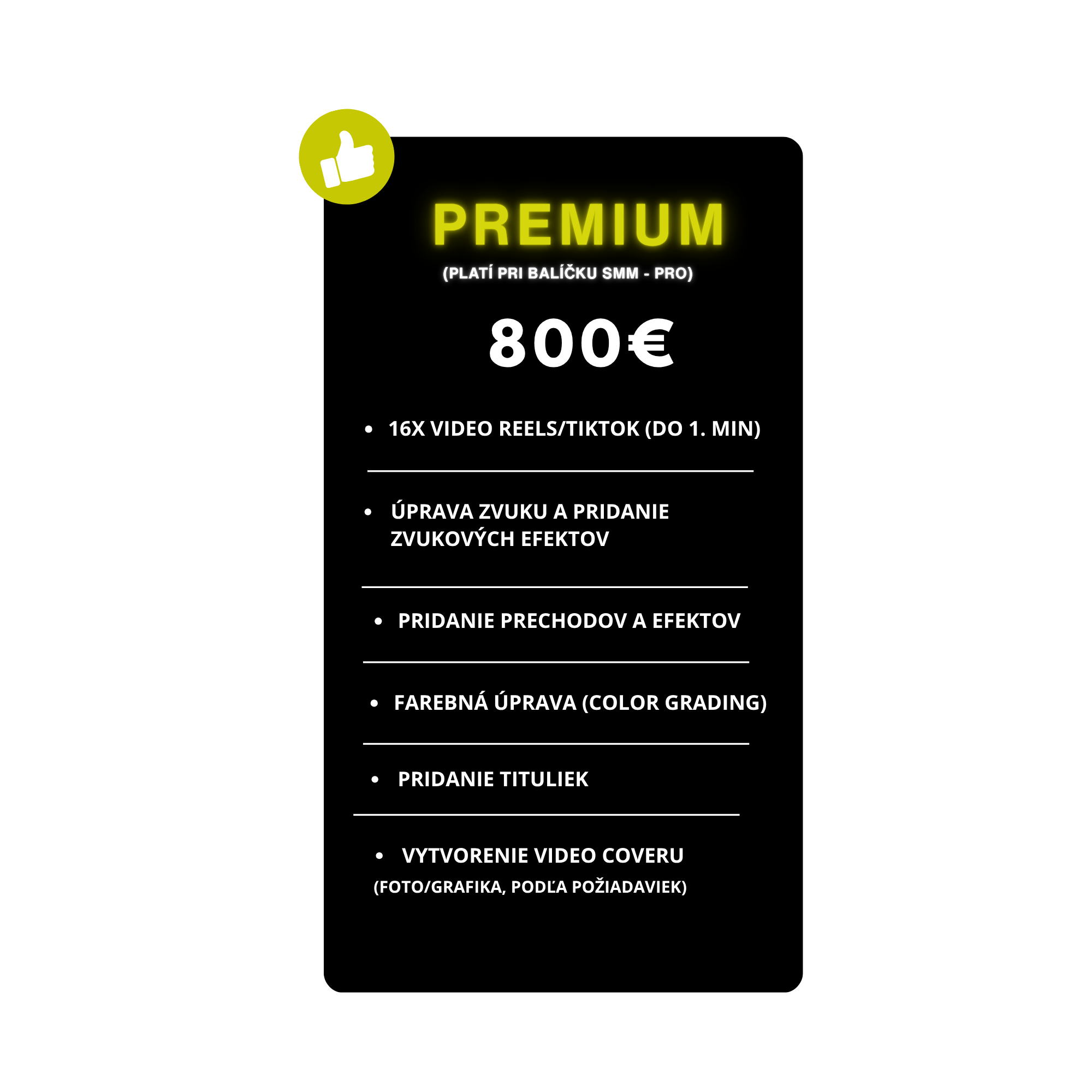 Promotional poster in Slovak language with black background, neon yellow accents, and white text. Contains sections about social media package offers, video cover creation, and color grading.