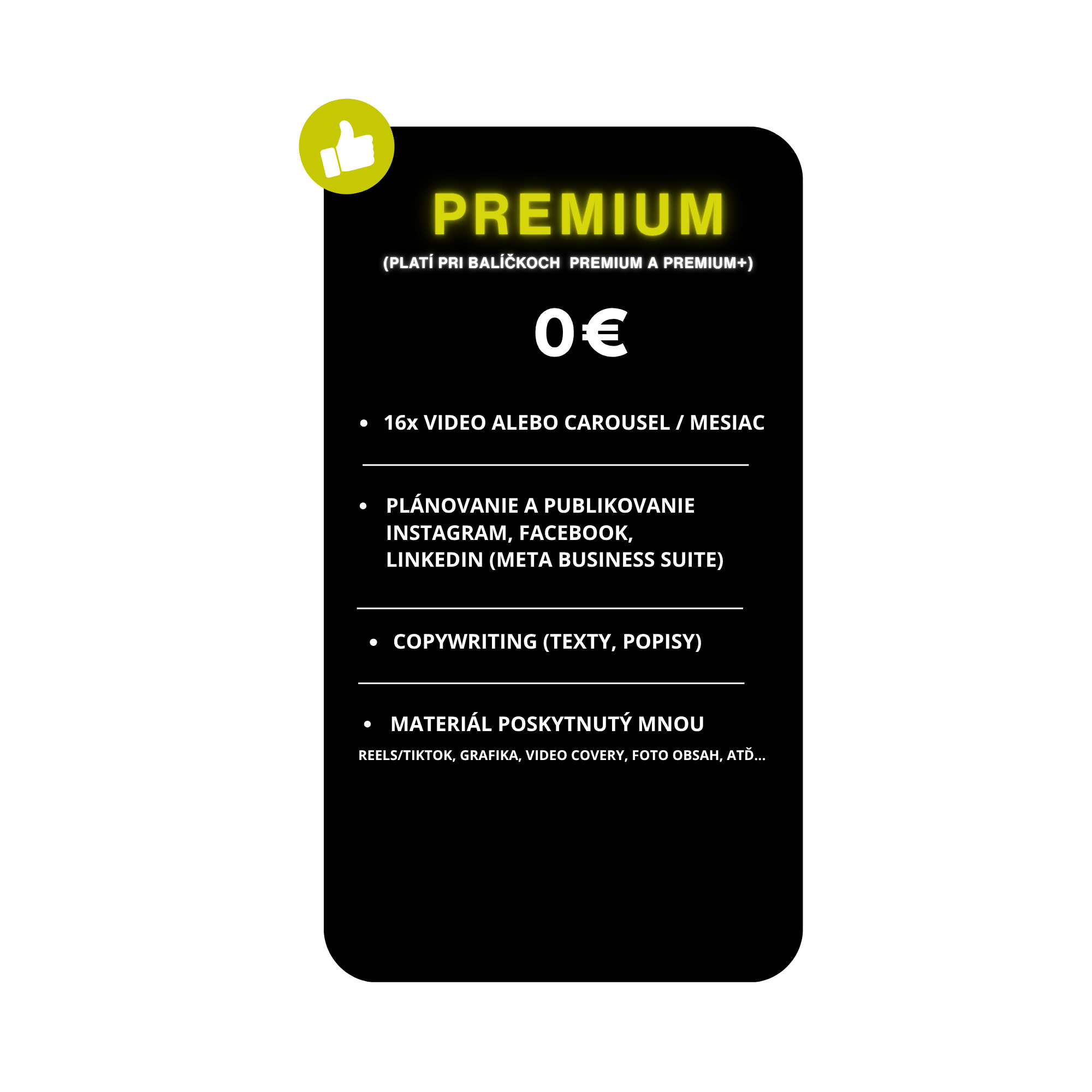 A promotional graphic advertising a premium social media marketing package for 0 euros, featuring a thumbs-up icon and a list of services such as video or carousel content, planning and publishing on platforms like Instagram, Facebook, LinkedIn, and TikTok, and material provision via MNOO.