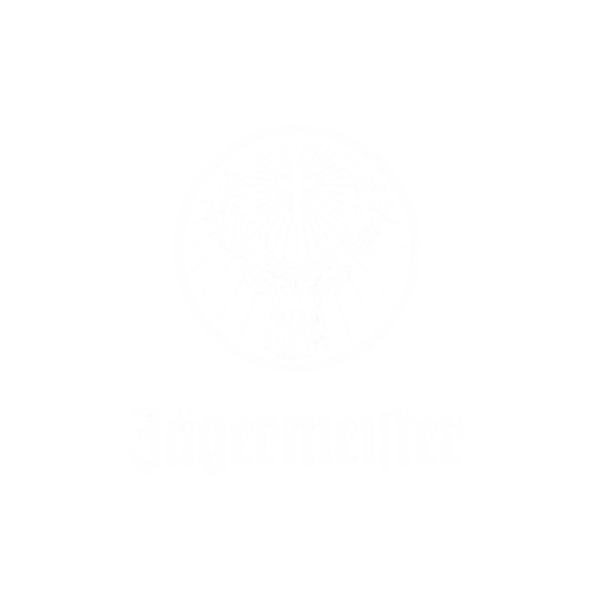 Black and white logo with a circular emblem featuring a cross and a radiating sunburst pattern, accompanied by white text that reads 'Eucharistic Adoration'.