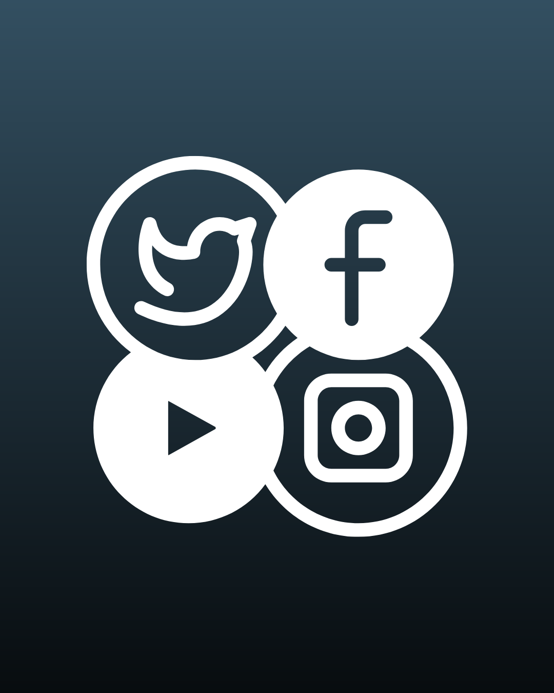 Icons of social media platforms including Twitter, Facebook, Instagram, and YouTube on a dark background.