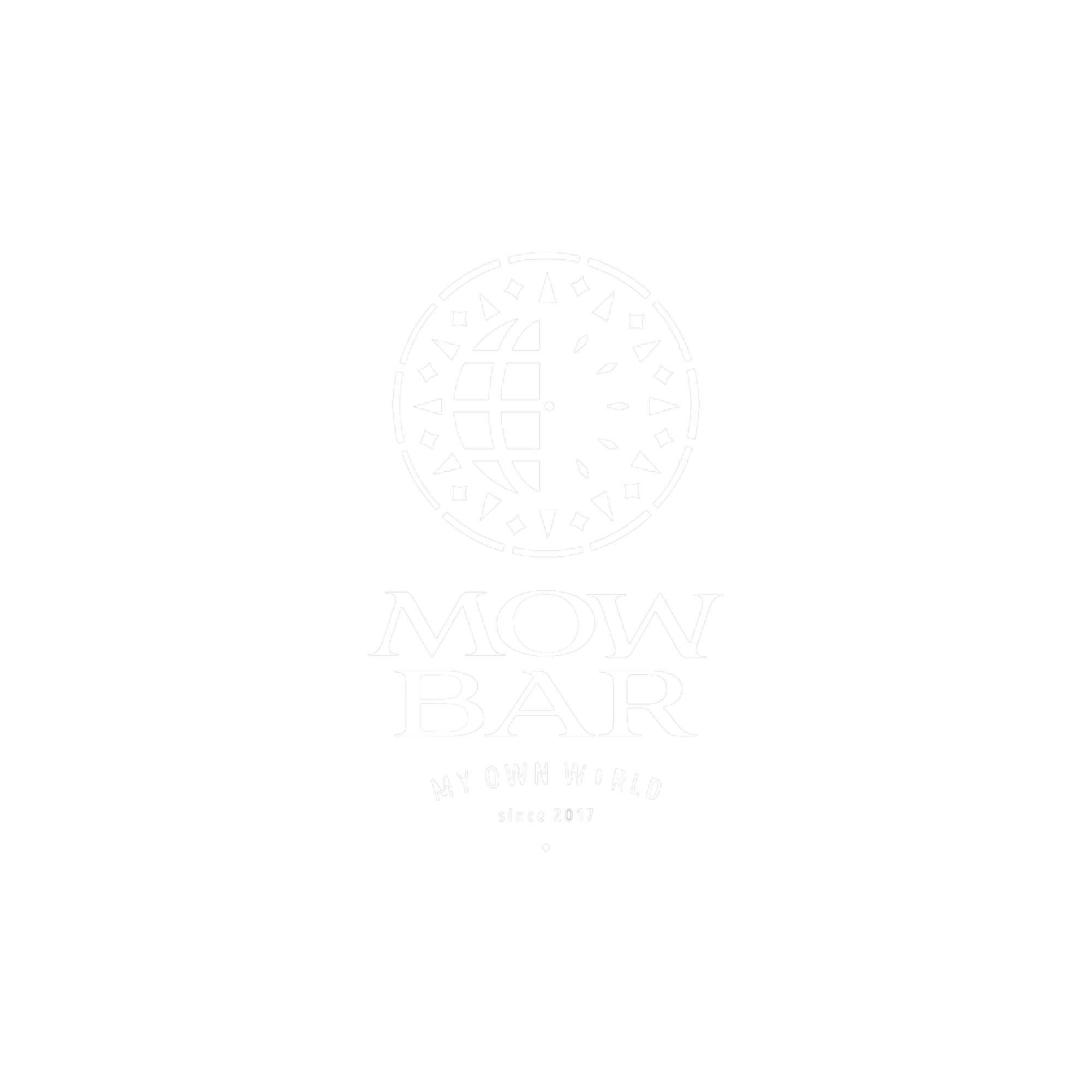 Black shirt with white logo featuring a globe and the words 'MOW BAR' and 'MY OWN WORLD since 2017' in white text.