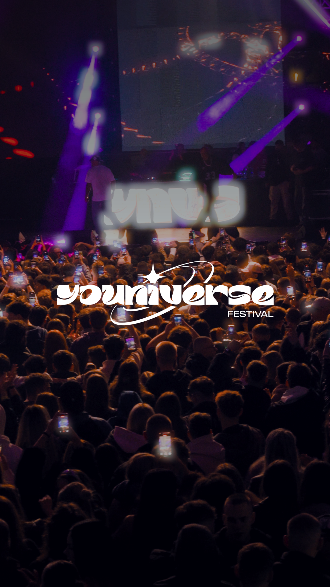 Event poster with dancers on stage, neon lights, and the text "KAJNERS EST. 2021 UNITY FROM WEST SIDE, YOU'RE UNIVERSE FESTIVAL".