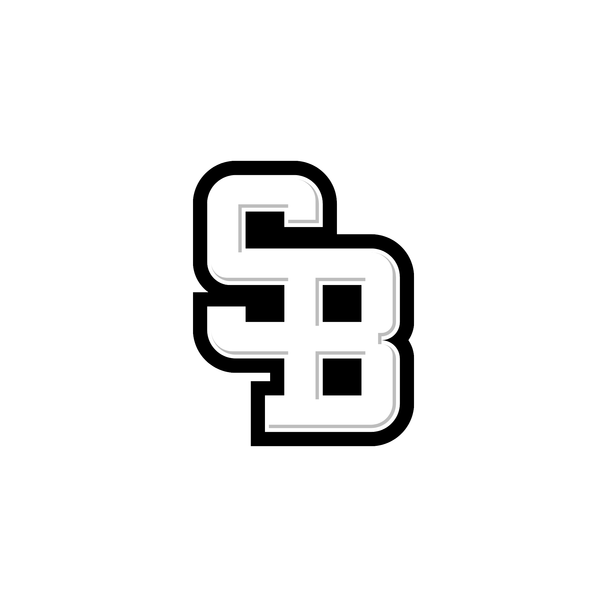 Close-up of a black, white, and gray logo with stylized overlapping shapes.