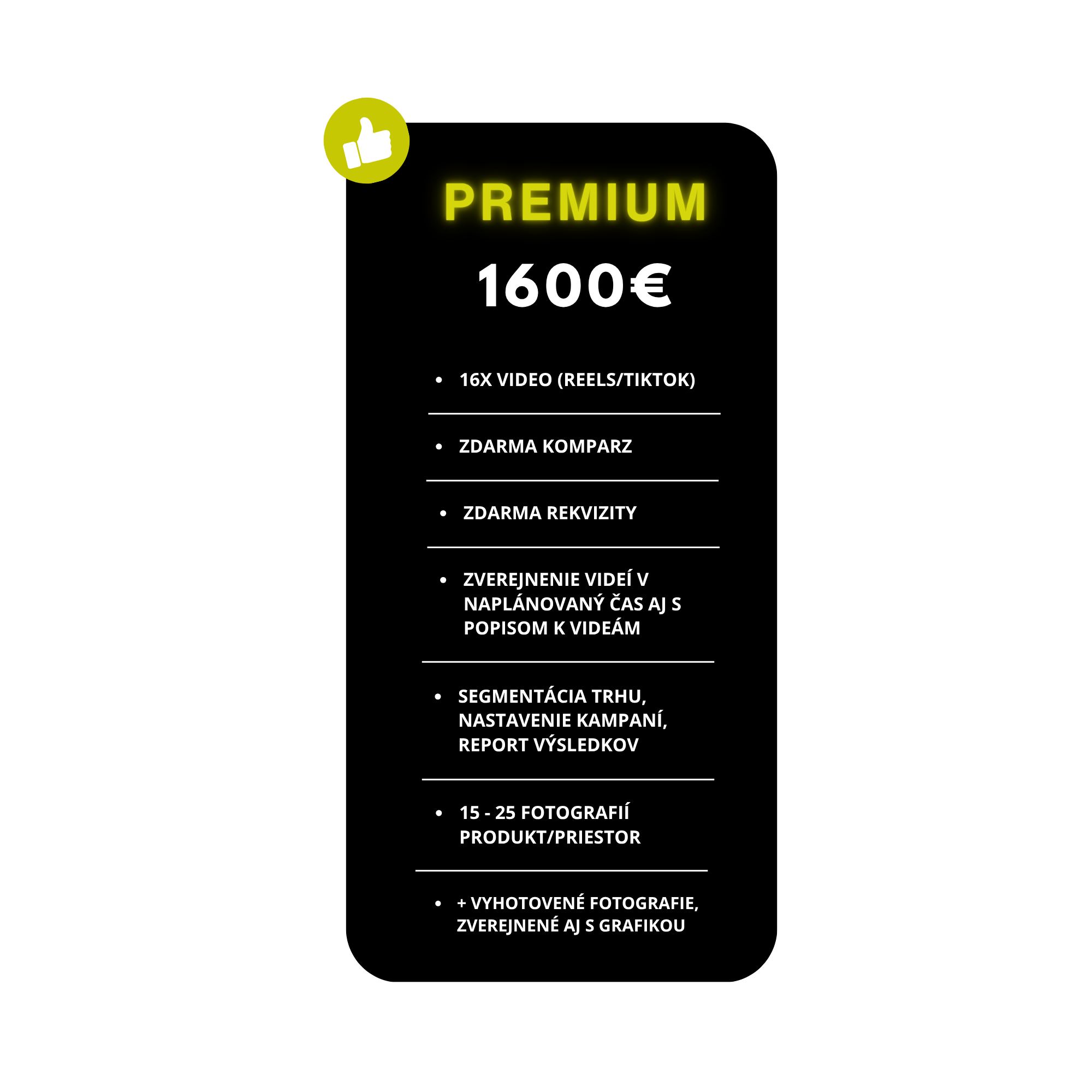 Digital graphic displaying marketing and video campaign information in Slovak language, including premium product pricing, free comparison feature, market segmentation, campaign setup, and video posting guidelines, with bullet points and stylized text.