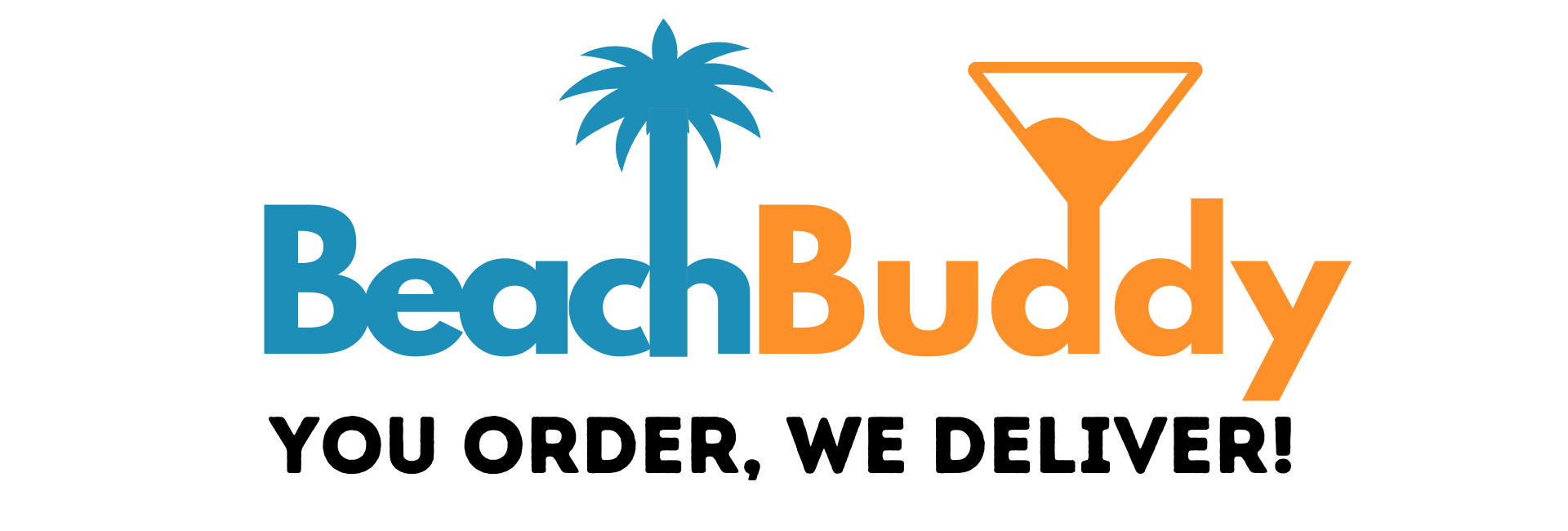 Beach Buddy logo with stylized palm tree and cocktail glass symbols in blue and orange.