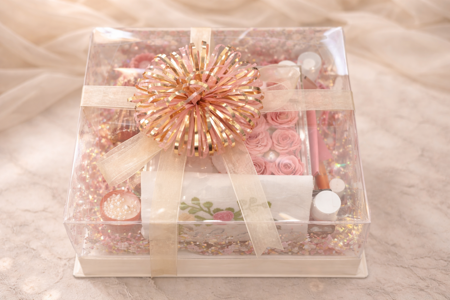 Luxurious spa gift with pink and gold bow.png