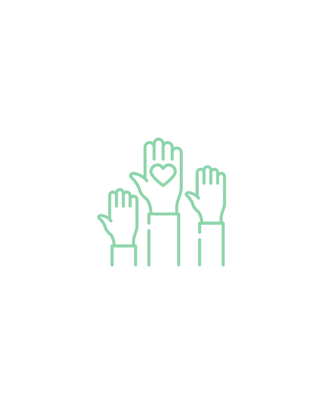 Outline illustration of three raised hands with a heart on the middle hand's palm, symbolizing help and compassion.