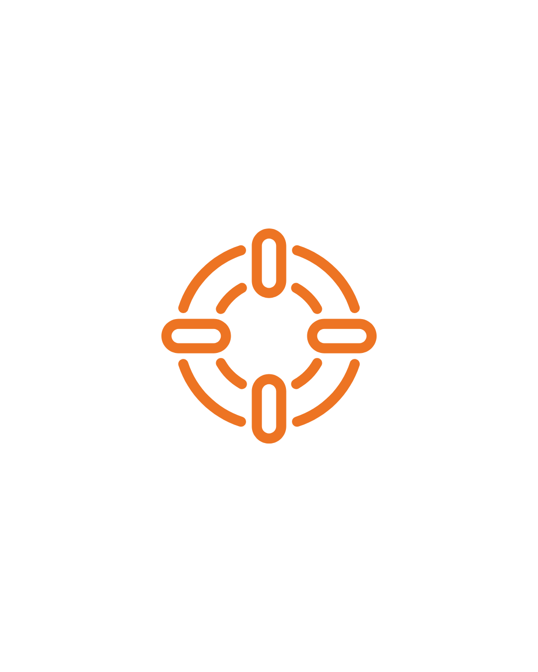 Icon of a life buoy or life preserver, outlined in orange on a black background.