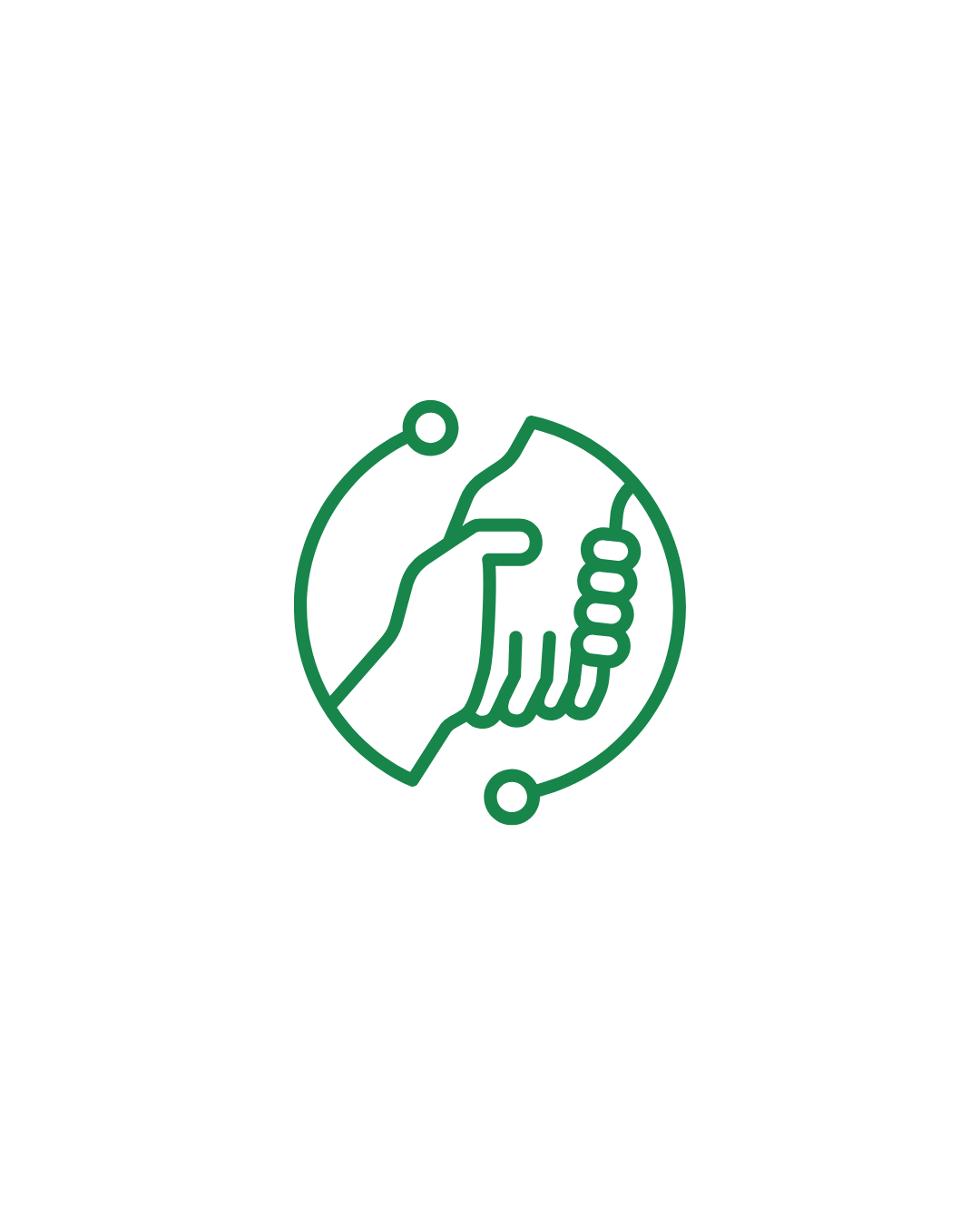 Line art icon of a handshake with a circular technology outline, symbolizing partnership or agreement.