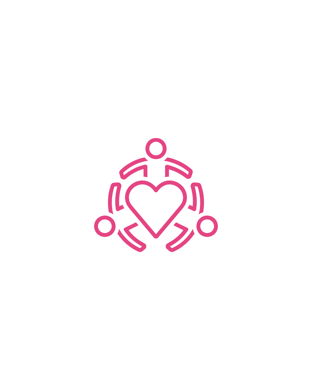 Pink outline graphic of a person with a heart at the center, surrounded by three smaller figures, representing community or support.