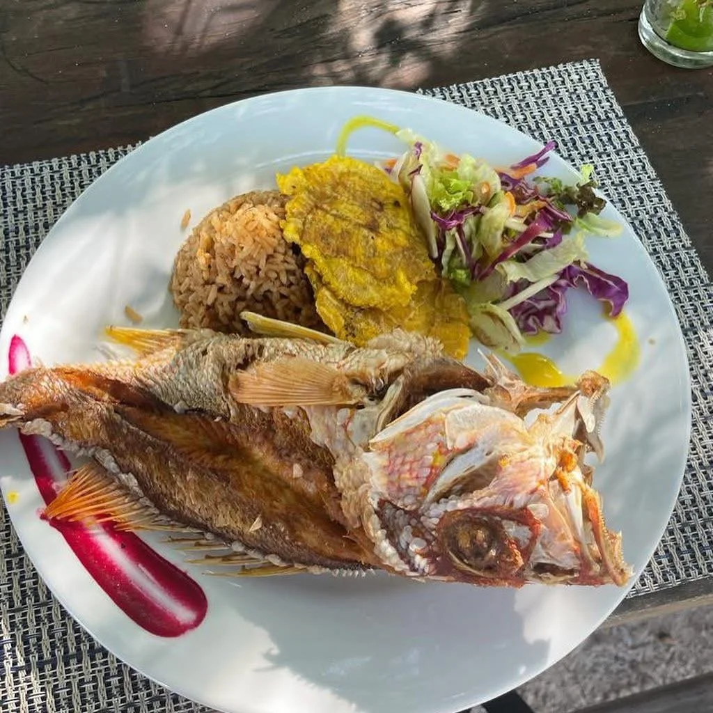 A plate of cooked fish with rice, boiled plantains, and a side salad with purple cabbage and lettuce.