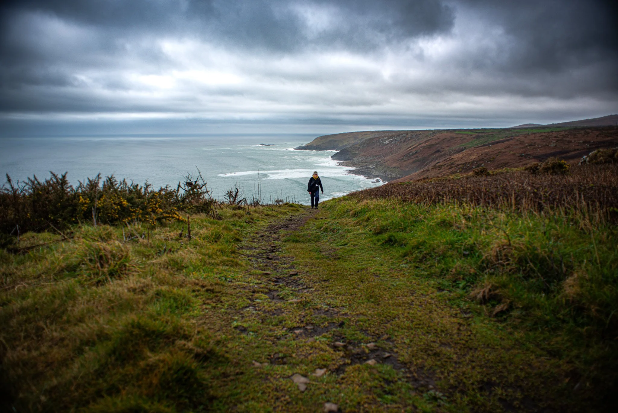 A person walking along a rugged coastal trail on a cloudy day, with green grass, bushes, and cliffs overlooking the ocean.