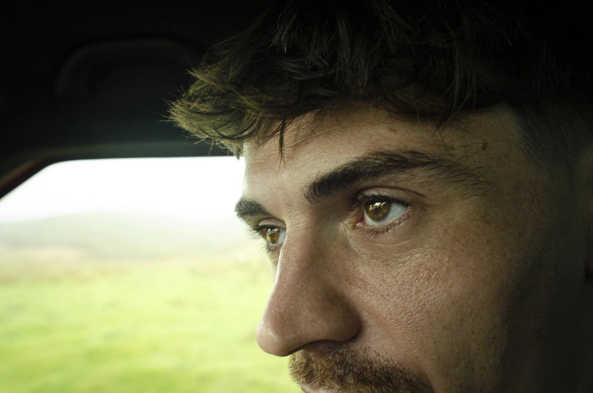 Close-up of a young man's face with brown hair, brown eyes, and light facial hair, looking pensively outside a window, with a blurred landscape in the background.