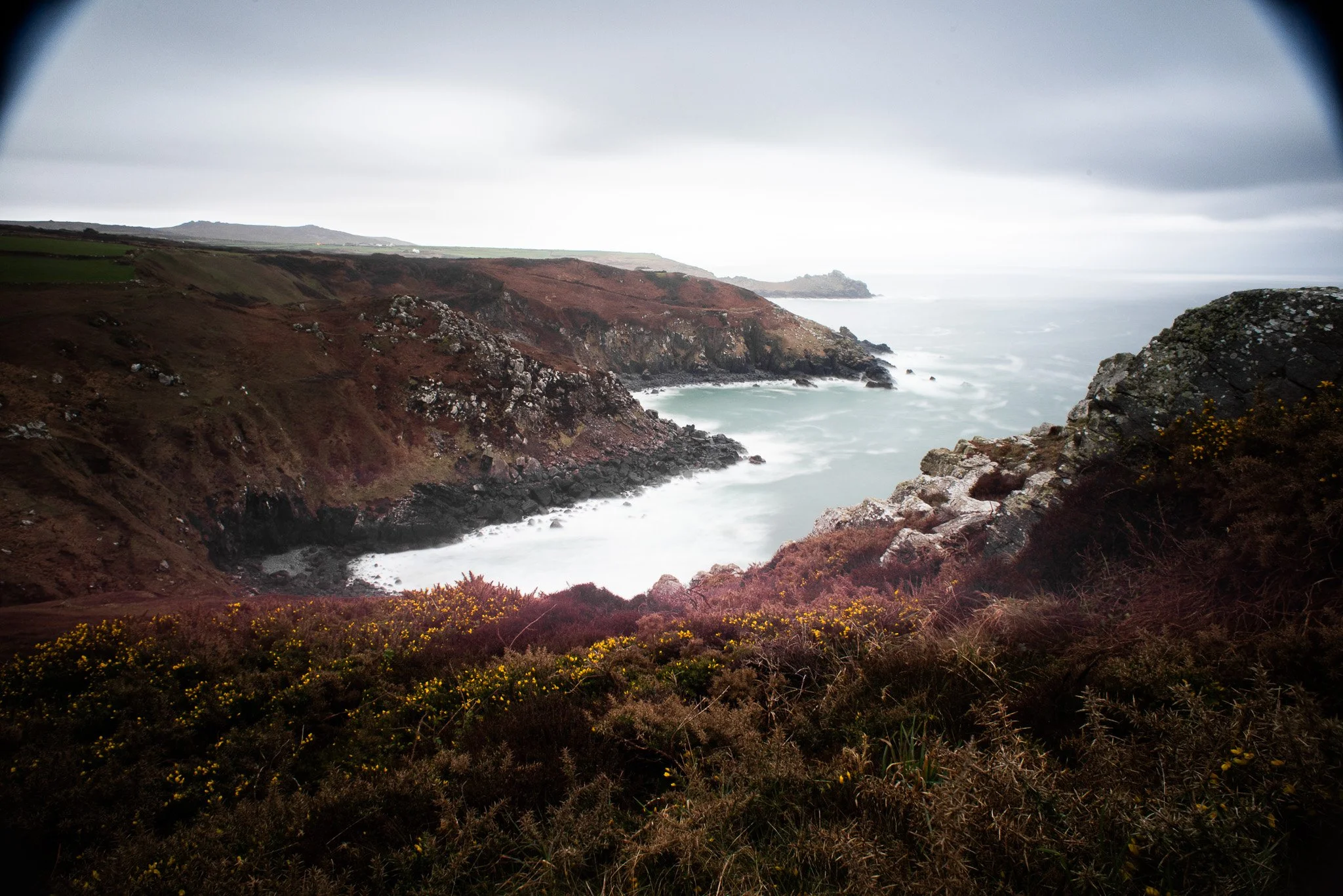 Cliffside view of a rocky coastline with waves crashing below, cloudy sky, and green and brown vegetation in the foreground.