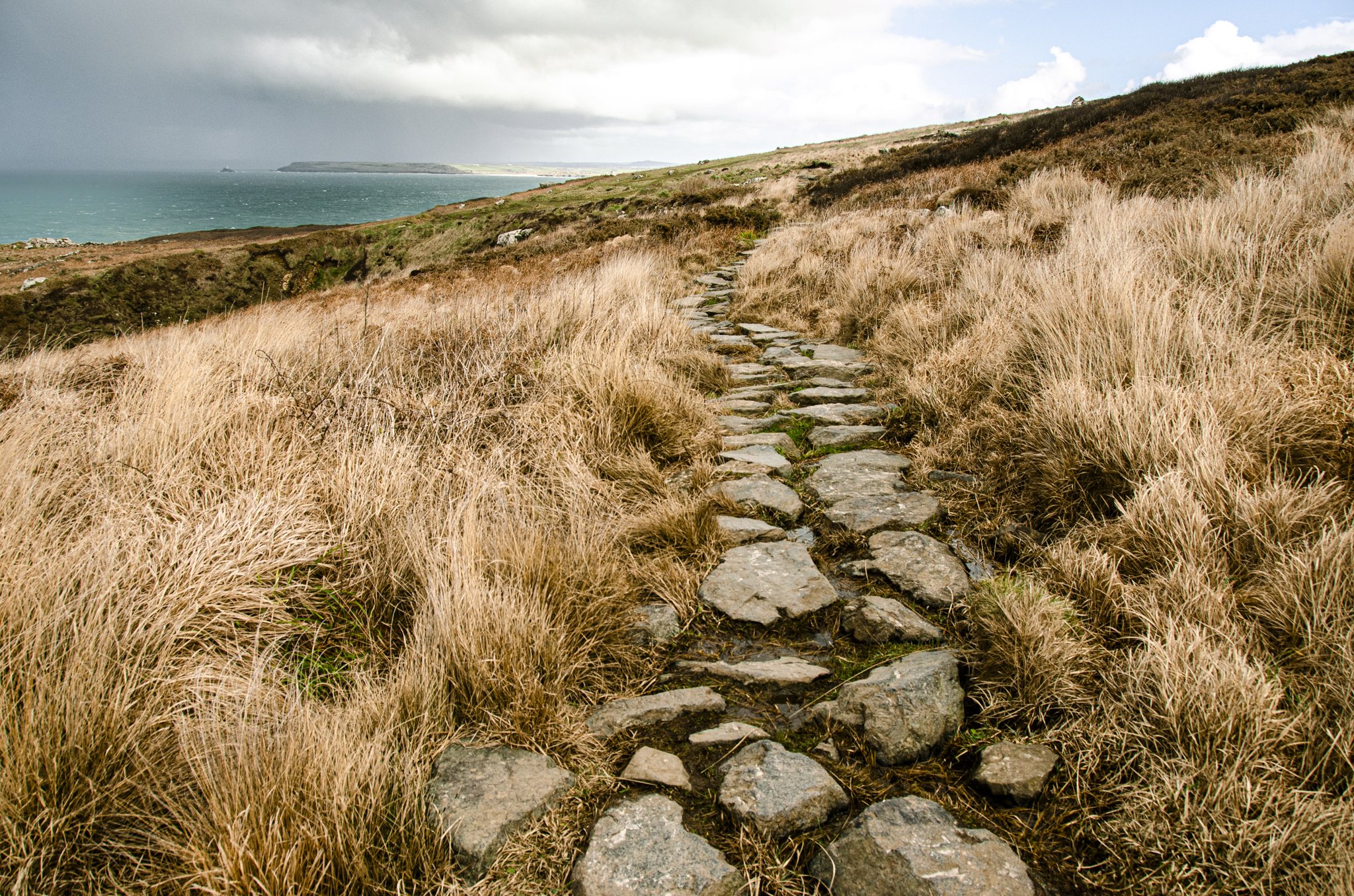A stone pathway winding through tall, brown grass on a hillside overlooking the ocean with cloudy sky.