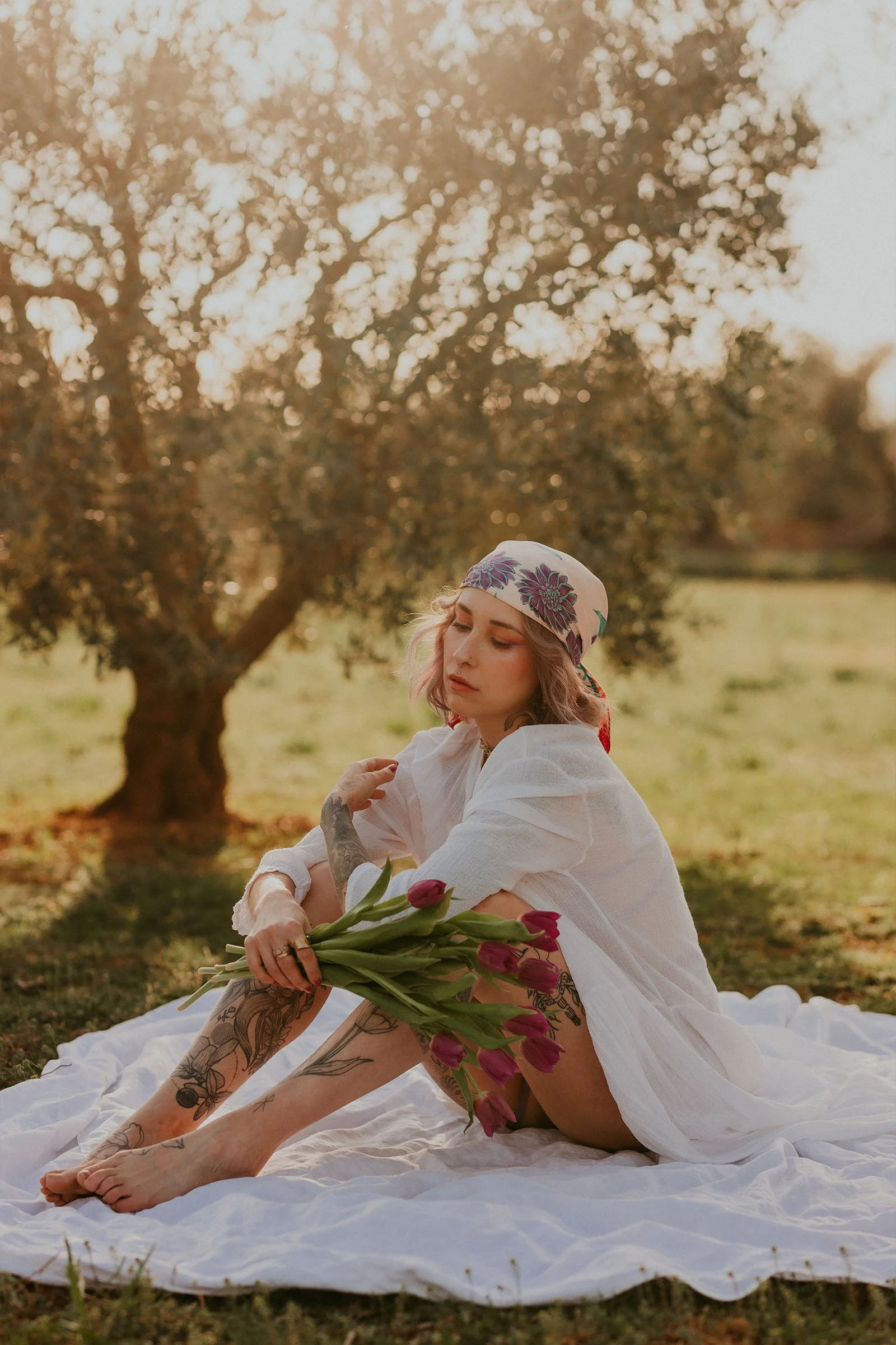 portrait femme assise dans les champs d'oliviers en Provence