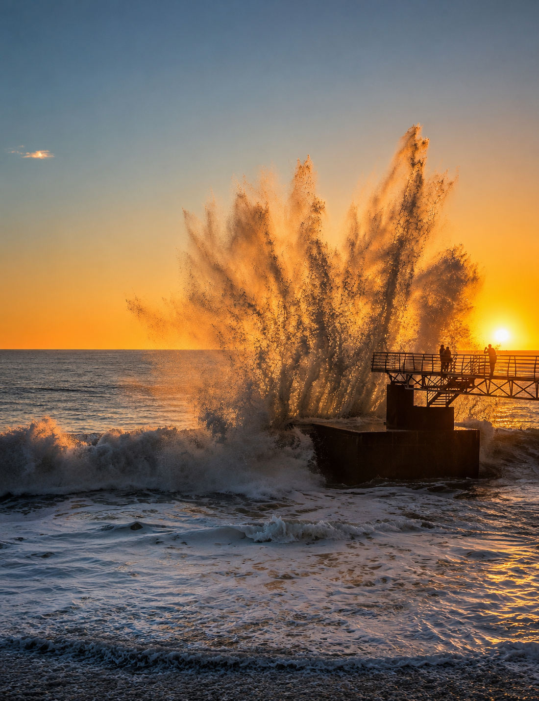 Powerful ocean wave crashing against a pier at sunset in Madeira, capturing a moment of awe and wonder.