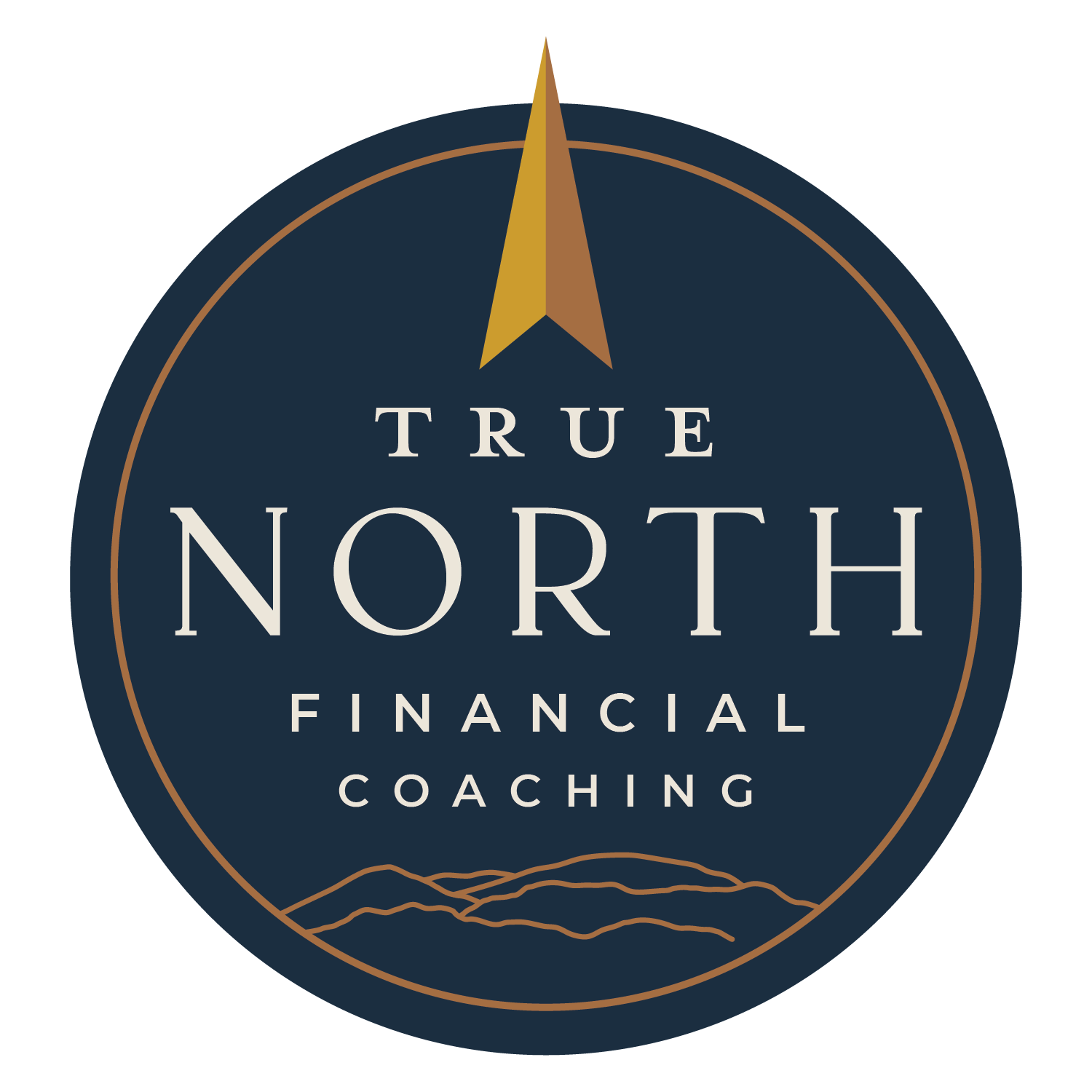 Logo for True North Financial Coaching featuring a compass pointing north and mountain outlines.