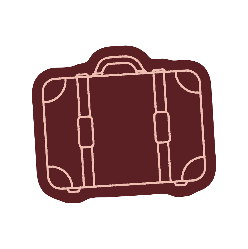 Illustration of a vintage-style suitcase with handles and luggage straps on a black background.