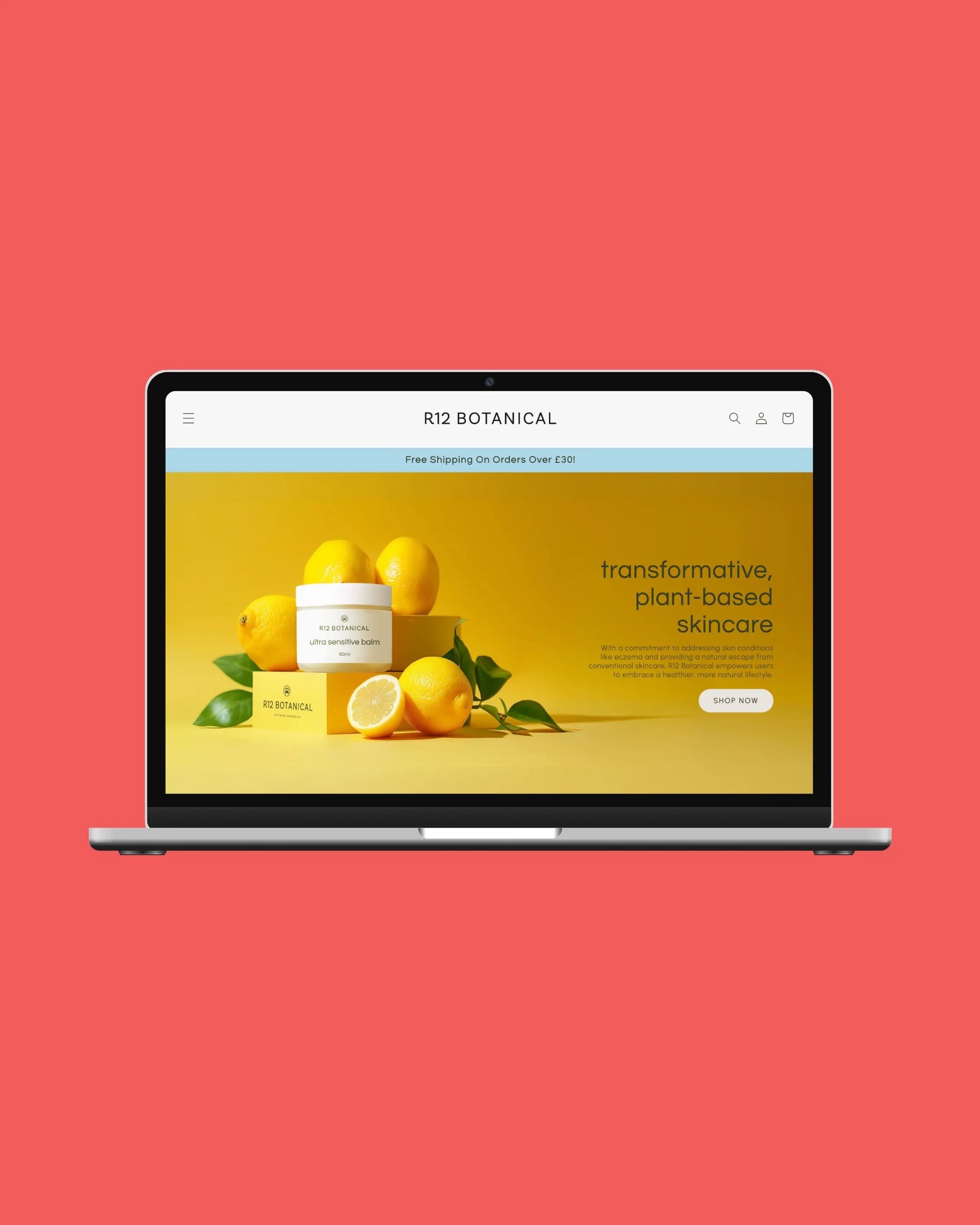 A laptop screen displaying the website of R12 Botanical, a plant-based skincare brand, with a yellow background featuring lemons and a bottle of balm, promoting natural skincare.