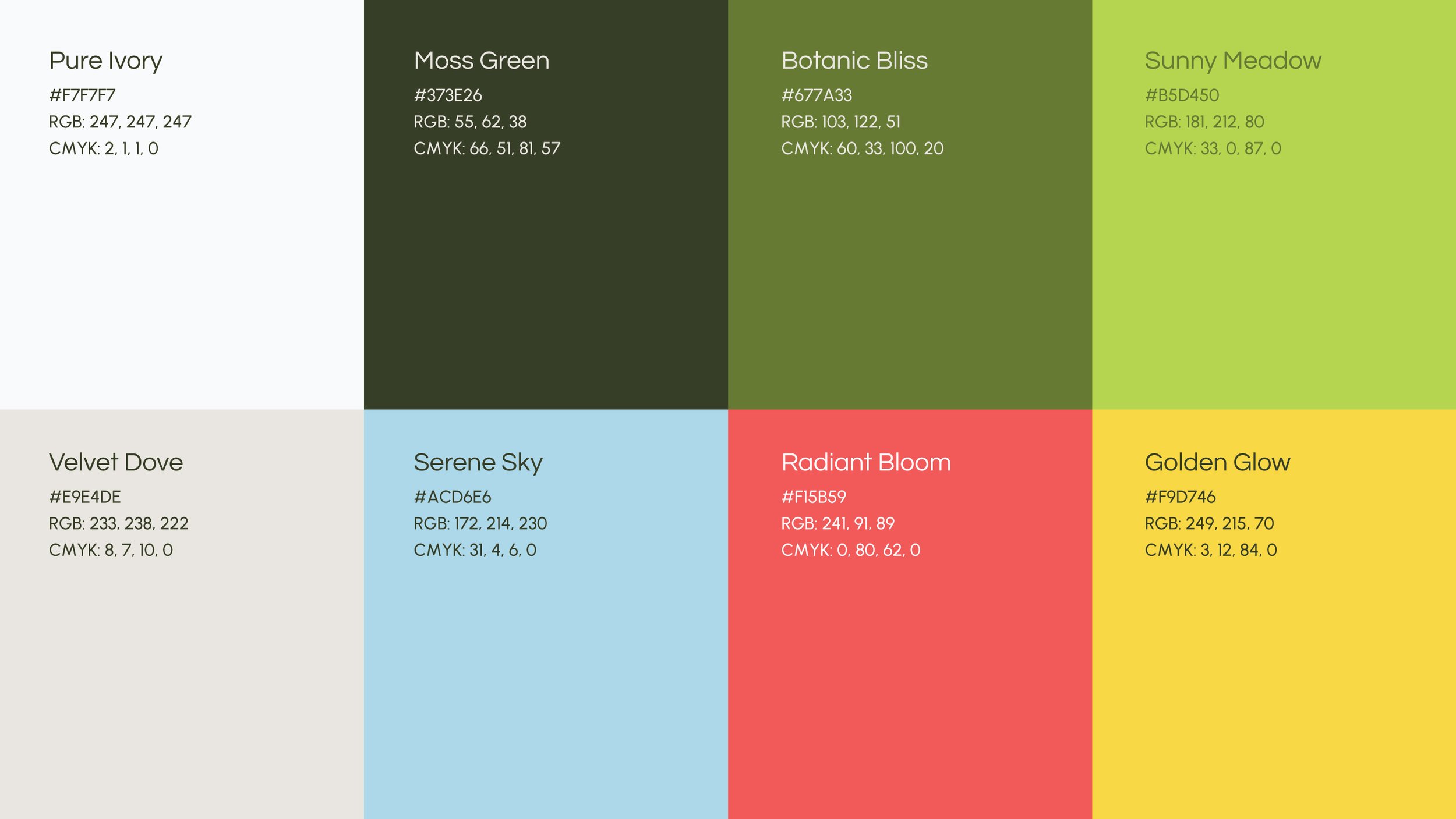 A color palette chart featuring ten different color swatches, each with a color name, hex code, RGB values, and CMYK values. The colors include Pure Ivory, Moss Green, Botanic Bliss, Sunny Meadow, Velvet Dove, Serene Sky, Radiant Bloom, and Golden Glow.