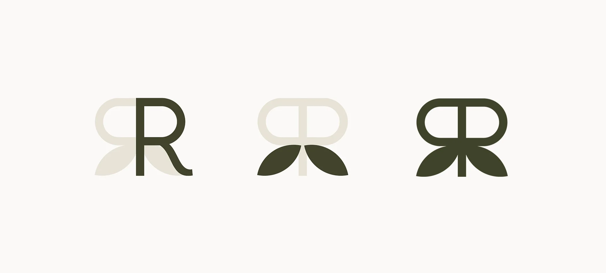 Three stylized logos with the letter R integrated into the design, with leaves, on a white background.