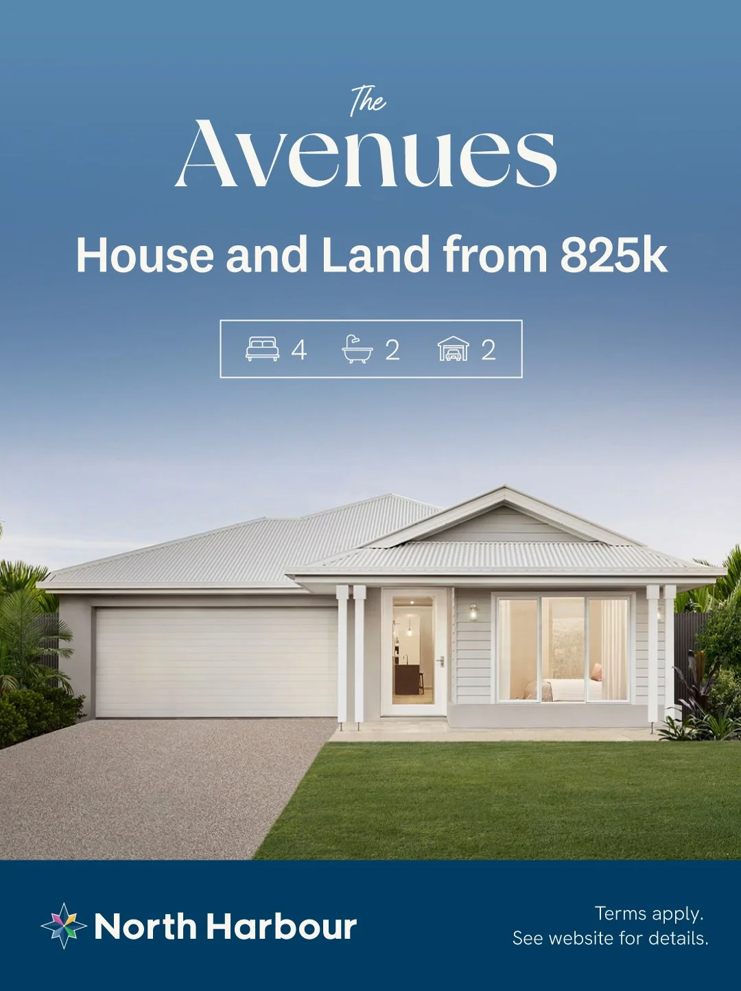 A modern white house with a gray roof, large windows, a driveway, and a small front lawn, advertising land and house sales by North Harbour.