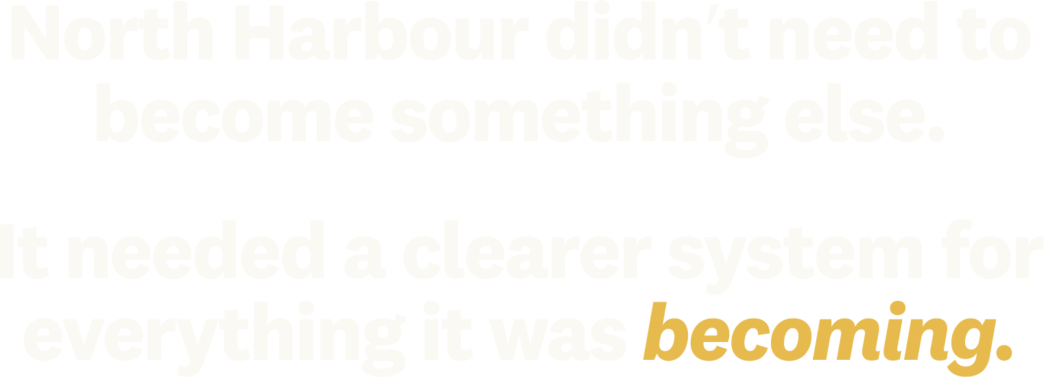Text on a black background reading: "North Harbour didn't need to become something else. It needed a clearer system for everything it was becoming."