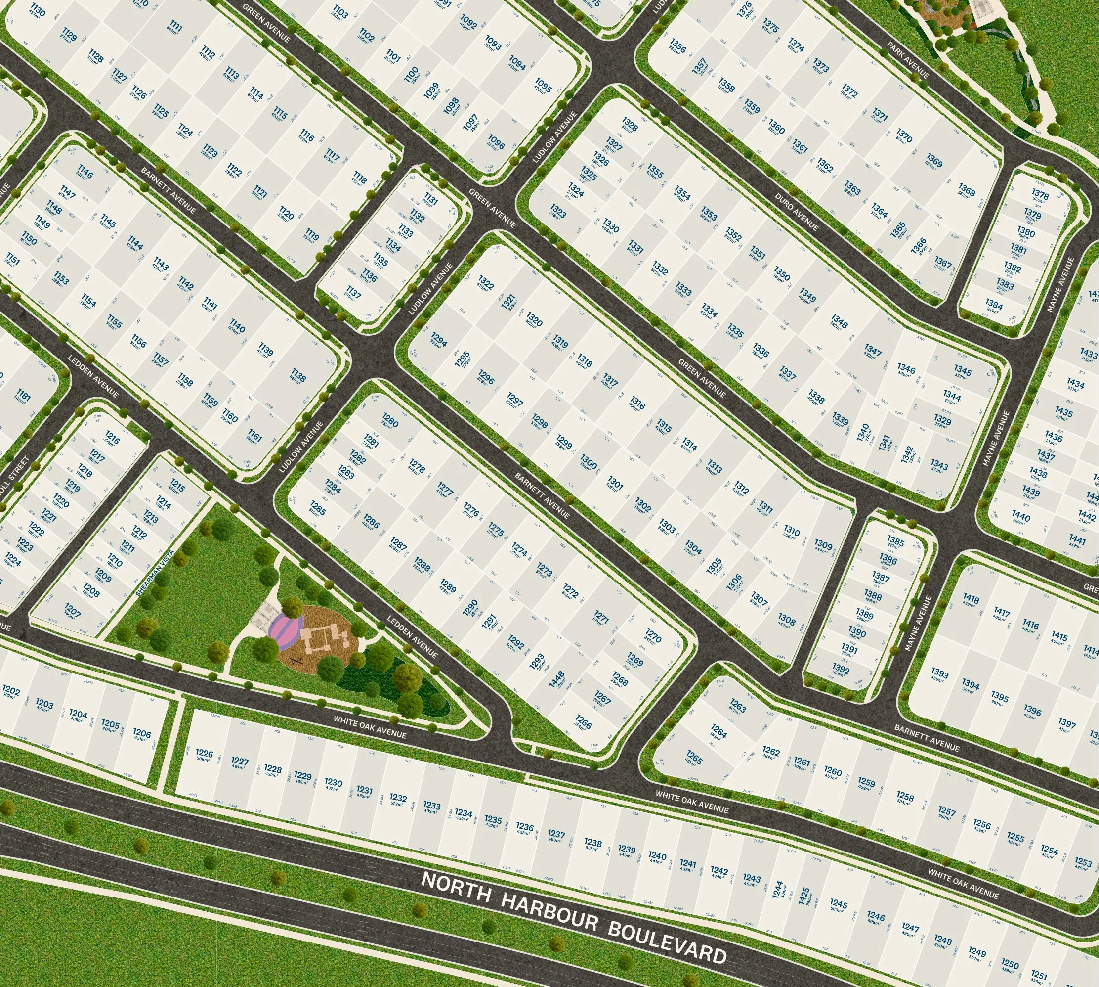 A detailed map of a residential neighborhood showing streets, lots, and parks. Streets include North Harbour Boulevard, White Oak Avenue, Ledden Avenue, Sherman Vista, and Barnett Avenue. The lots are numbered, and there is greenery including trees and park areas.